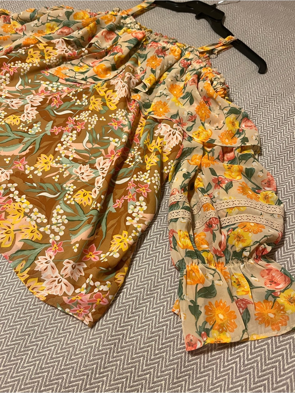Cato Brown Floral Off the Shoulder A-Line Top with Yellow and Pink Flowers.